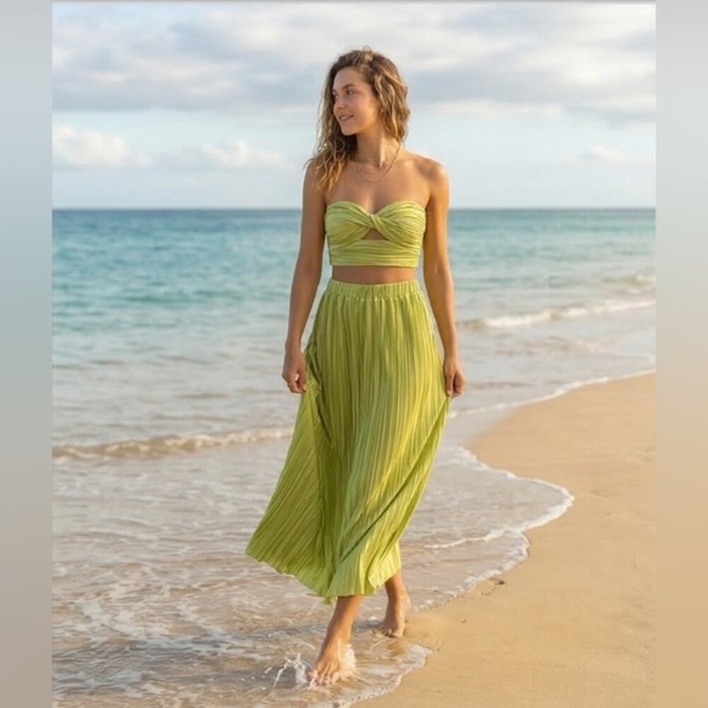Twist-Front Crop Top & Flowy Pleated  Maxi Skirt Set Lime Green